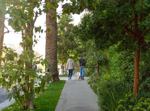 people walking down Brentwood neighbourhood sidewalk